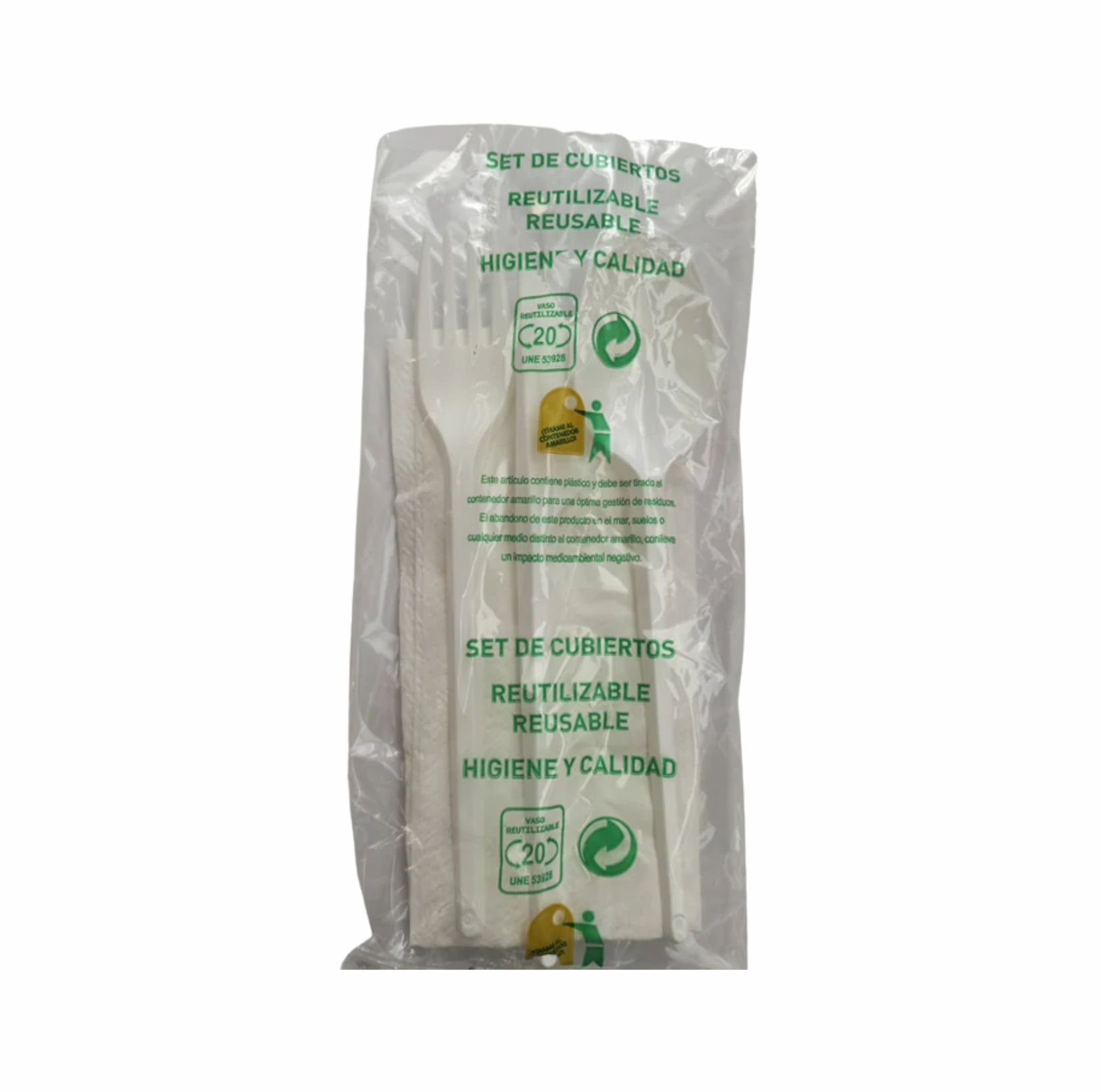 SET CUBIERTOS PLÁSTICO CUCHARA + TENEDOR + CUCHILLO + SERVILLETA - 500Uds.