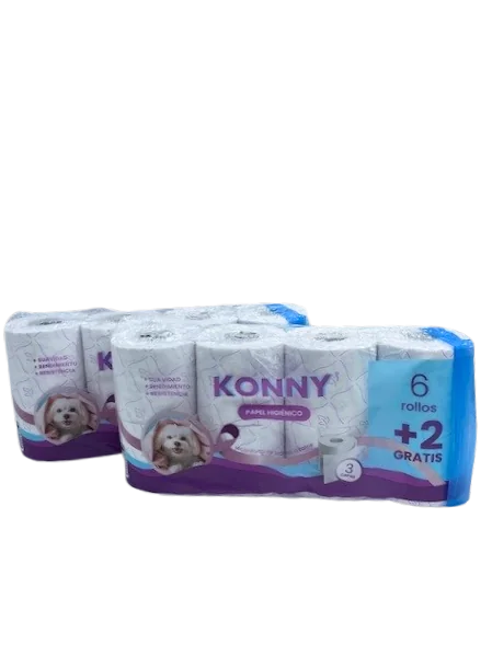 PAPEL HIGIÉNICO 3 CAPAS DECORADO SUAVE AROMA TALCO KONNY - 8 Rollos x 6 Paquetes