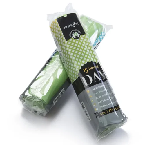 BOLSA BASURA 55x60 (30L.) AUTOCIERRE VERDE PLASBEL DAY 15Uds. - 48 Rollos