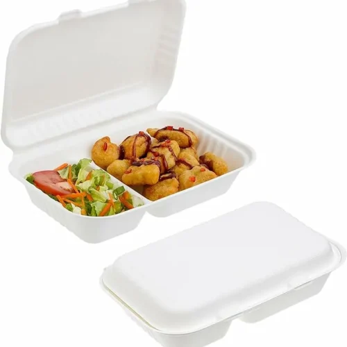 ENVASE MENÚ 2 COMPARTIMENTOS CAÑA DE AZUCAR BLANCO 1000ml. - 16,4×22,5×6,4cm. – 50Uds. C/10